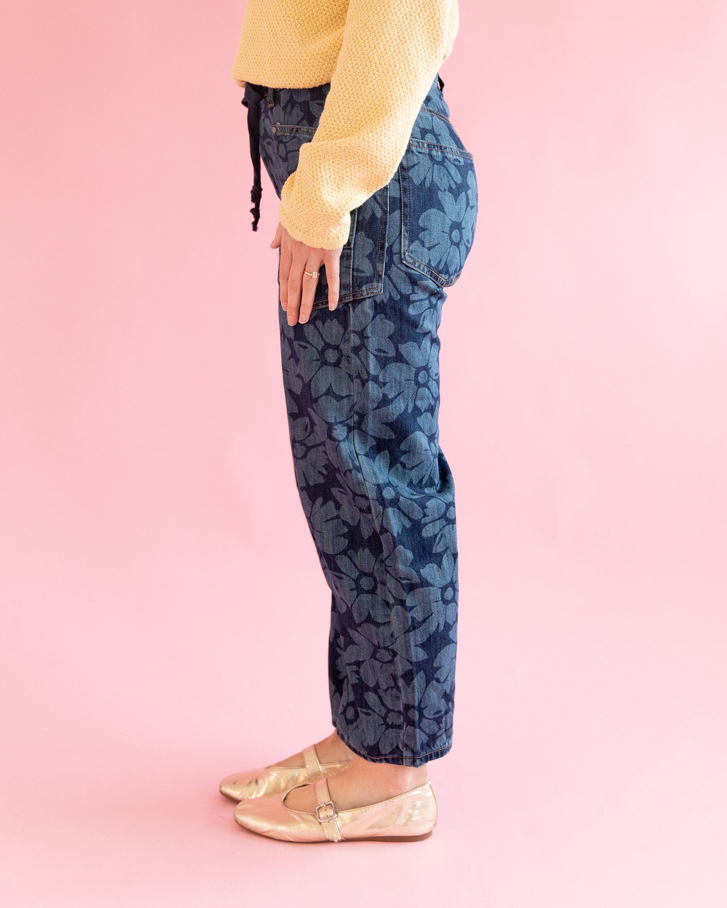 Shelby Dark Floral Print Barrel Jeans