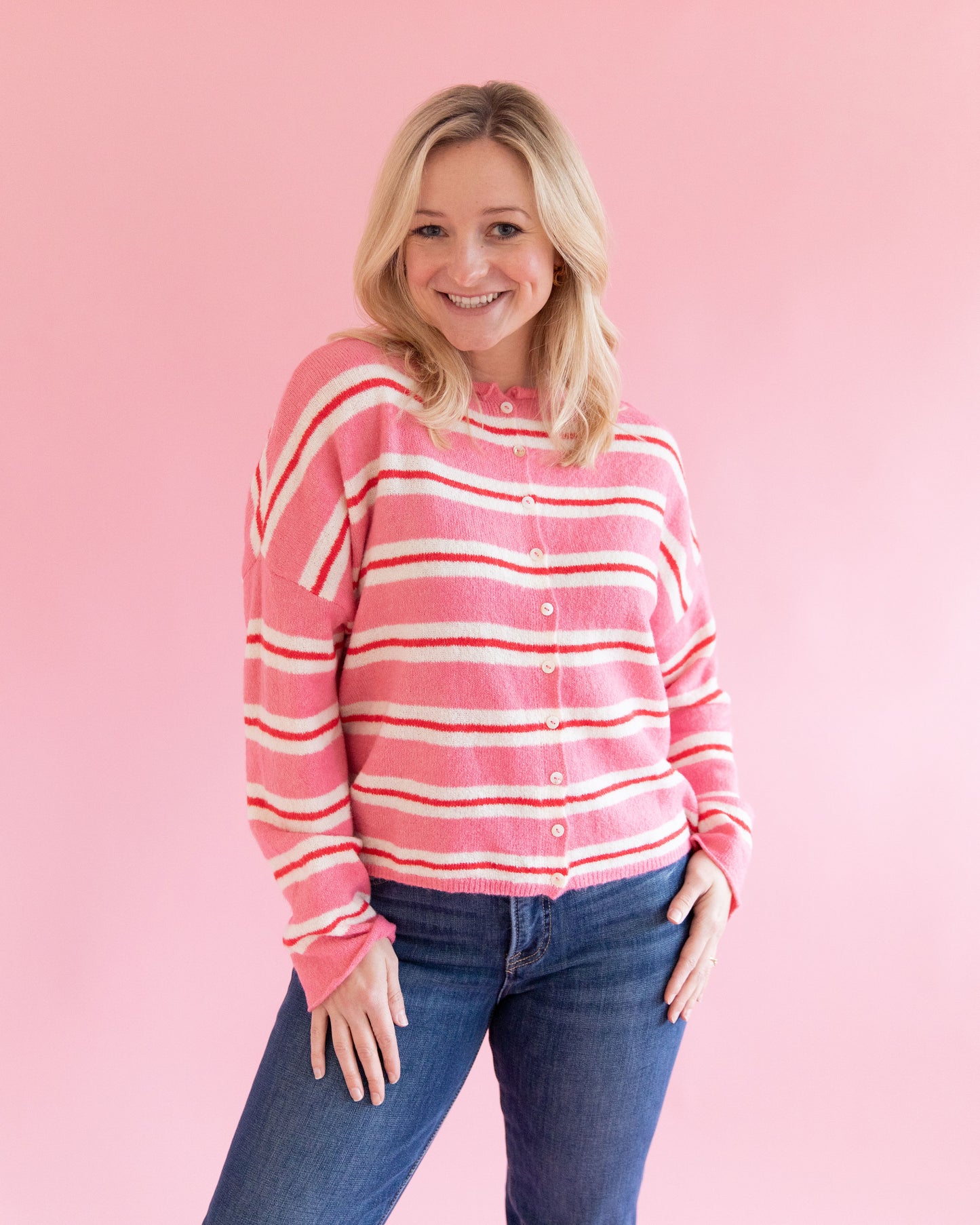 Lainey Pink and Red Stripe Cardigan