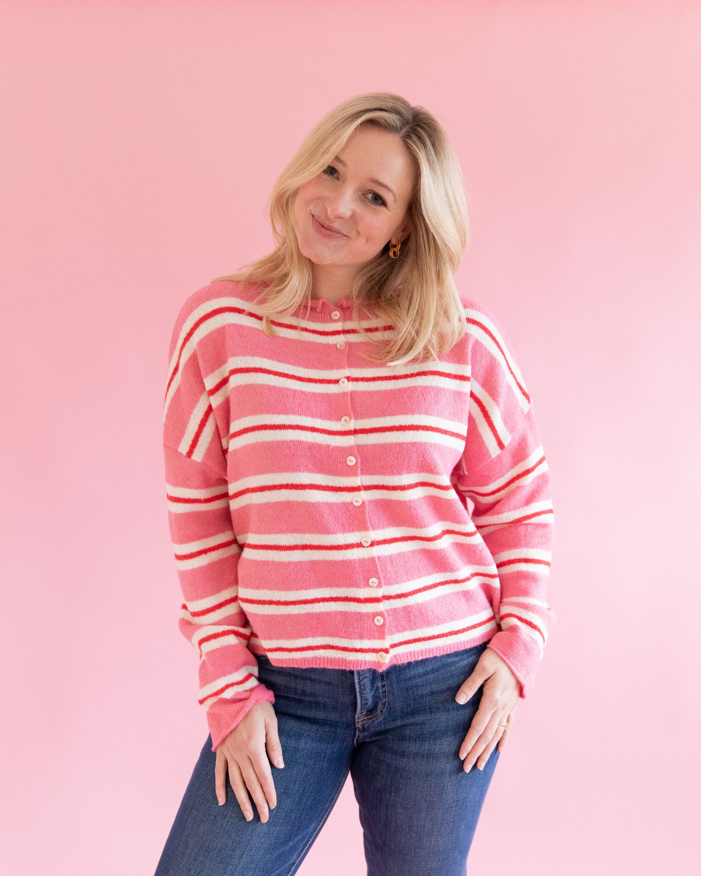 Lainey Pink and Red Stripe Cardigan