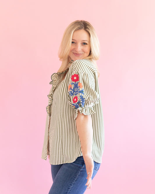 Shelby Olive Stripe Floral Top