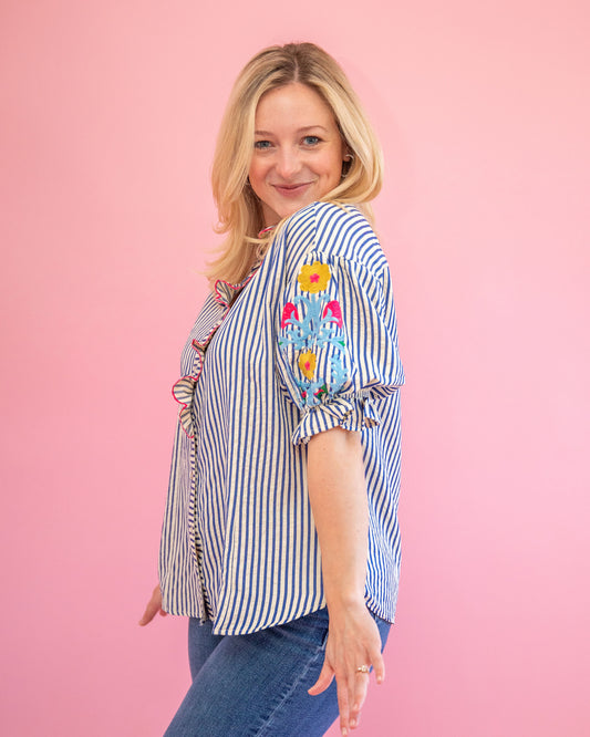 Shelby Blue Stripe Floral Top