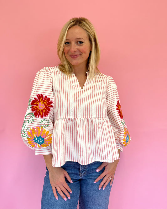 Beverly Pink Stripe Floral Top