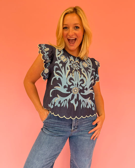 Jamie Blue Embroidered Top