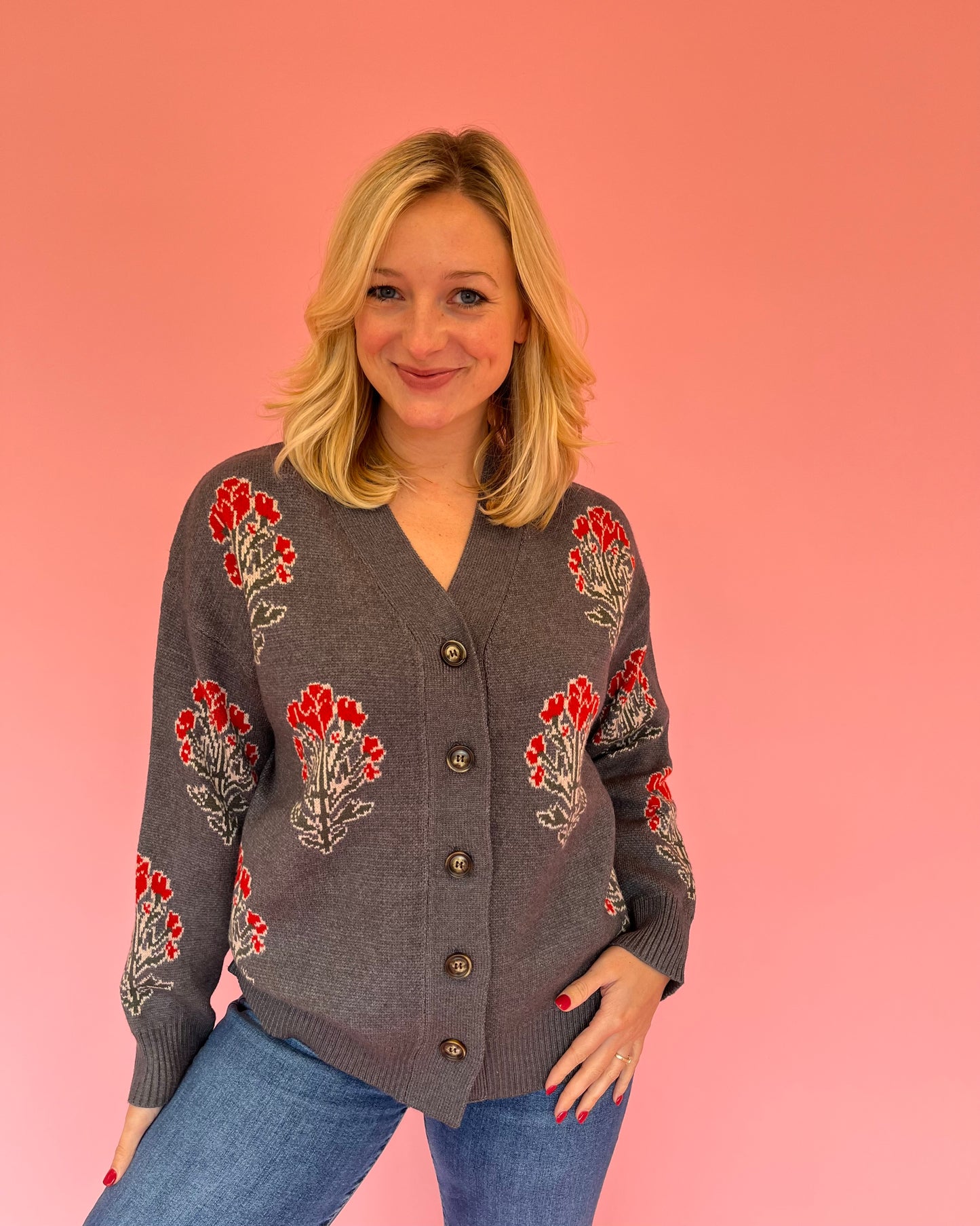 Lori Charcoal Block Print Cardigan