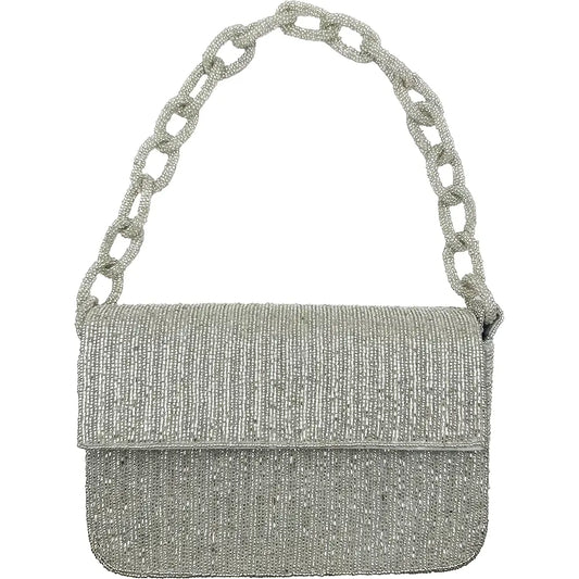 Silver Beaded Bag with Chain Shoulder Strap