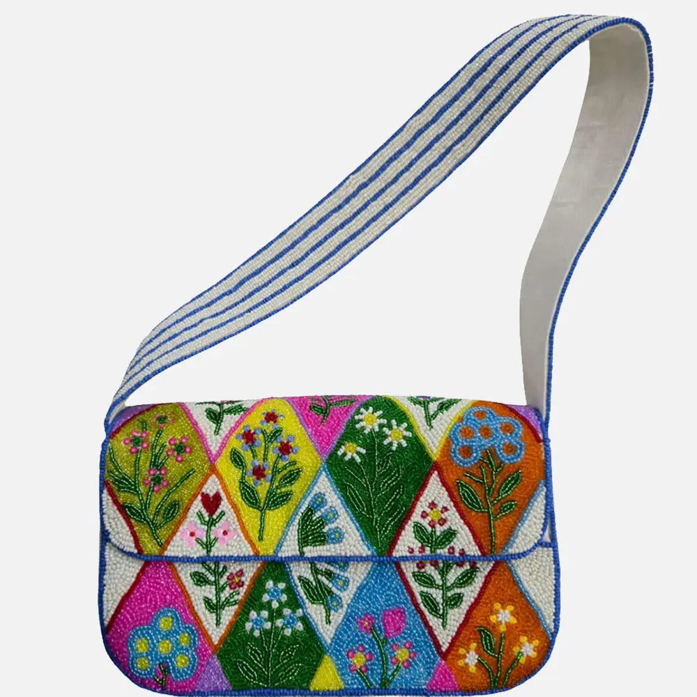 Fun Floral Diamond Beaded Shoulder Bag