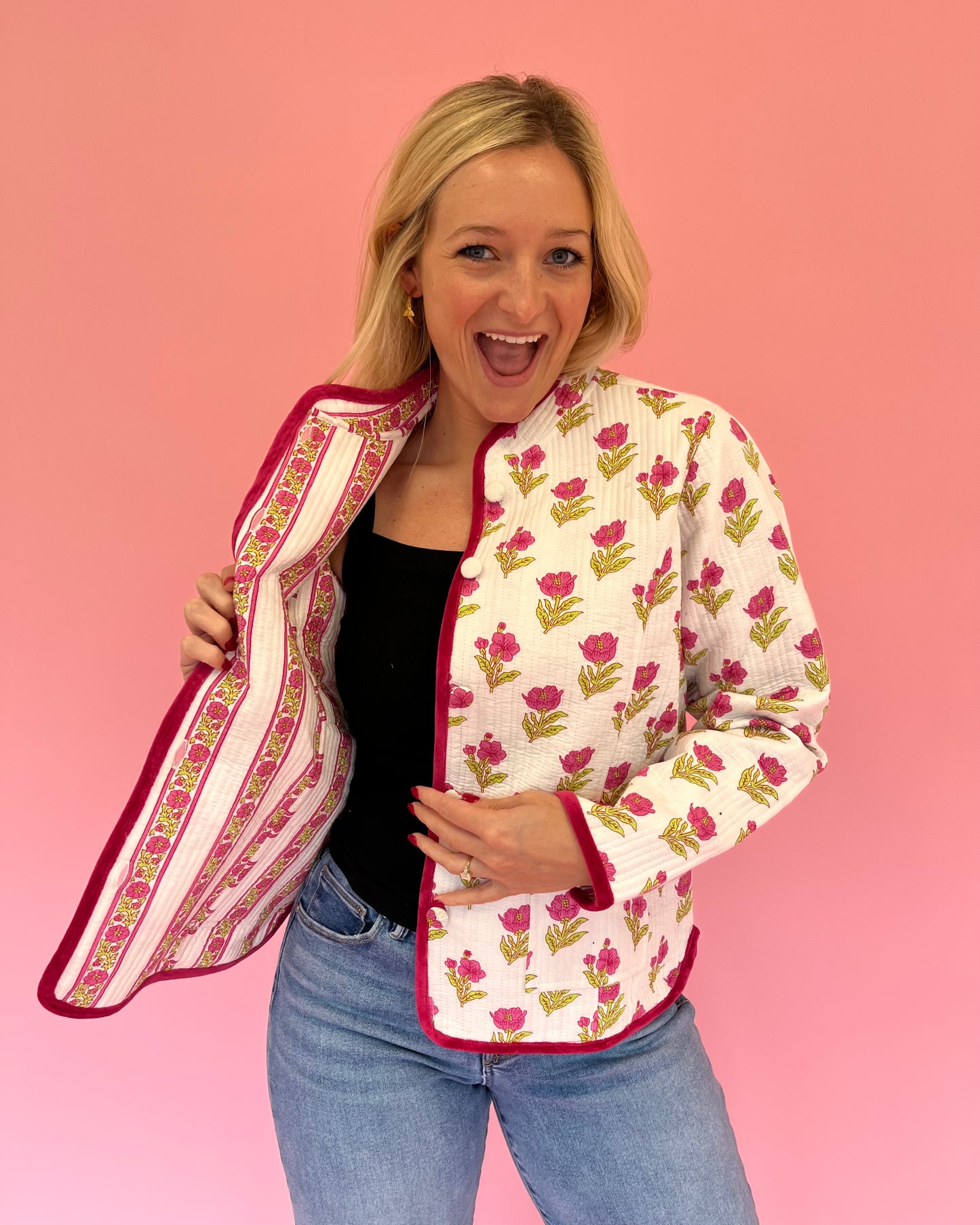 Magnolia Floral Velvet Trim Quilted Jacket