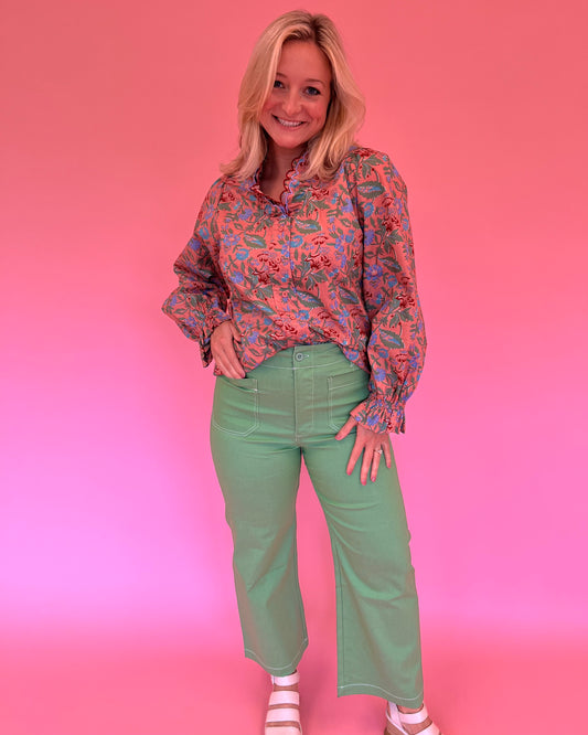 Madeline Cropped Wide Leg Pant - Apple Green