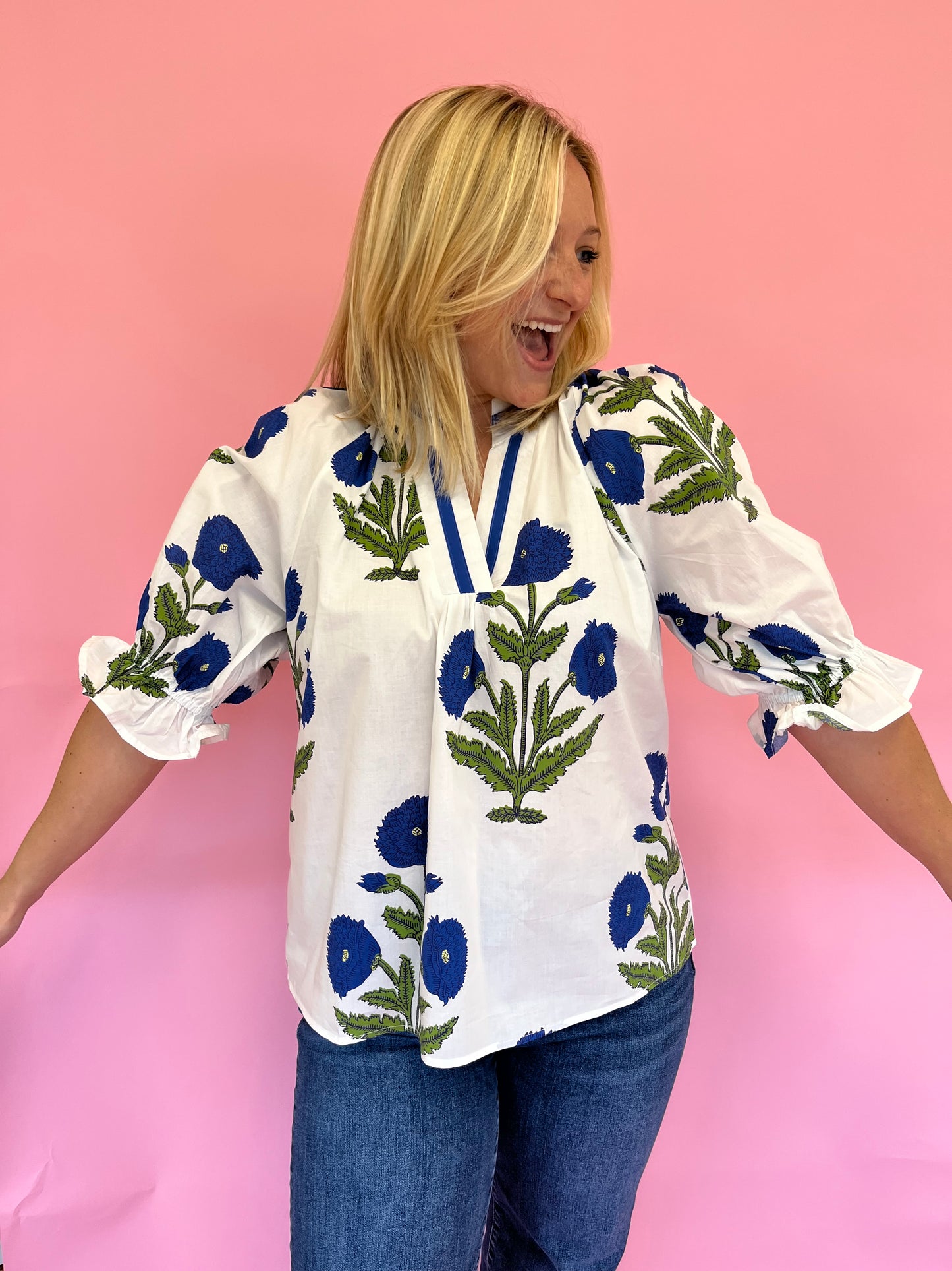 Emmy Blue Block Print Top