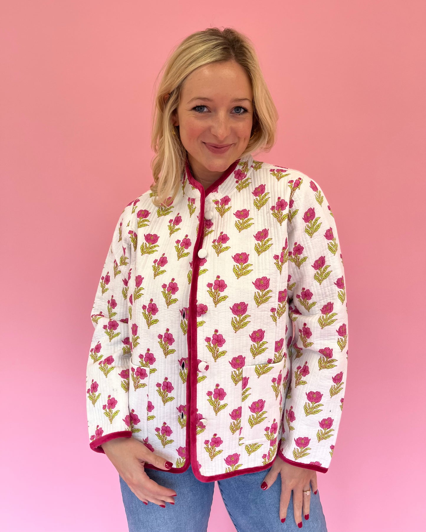 Magnolia Floral Velvet Trim Quilted Jacket