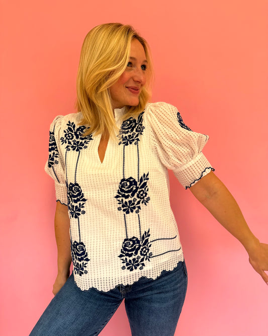 Macey White Flower Top