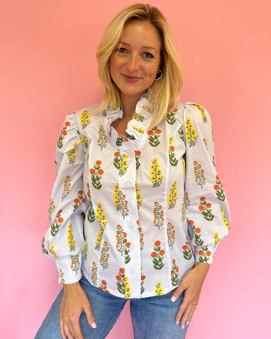Charlotte Blue Floral Button Up Top