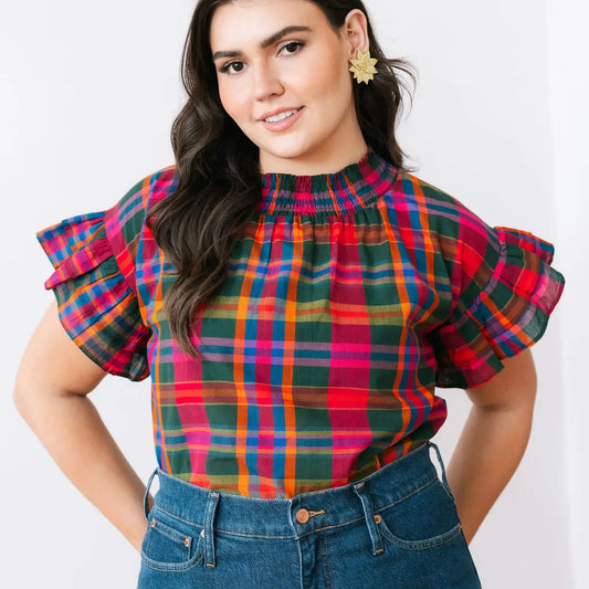 Jennifer Plaid Flutter Sleeve Top