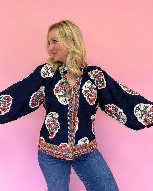 Willa Navy Block Print Top