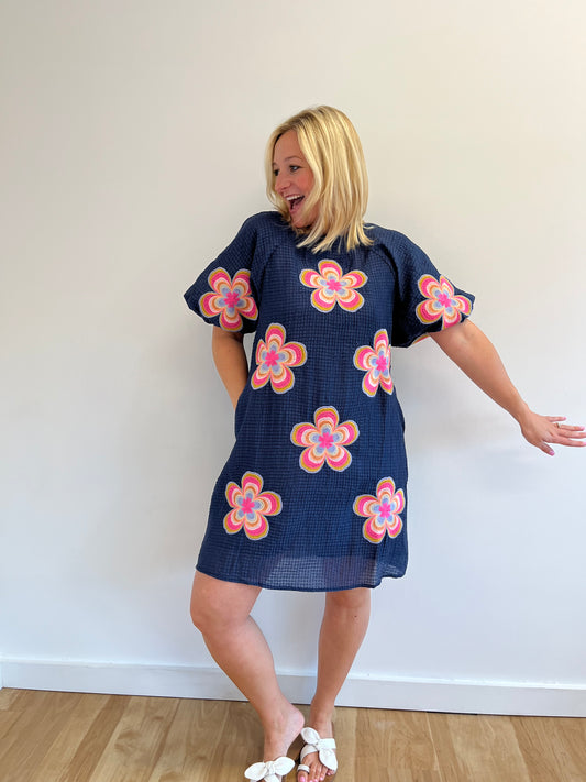 Taylor Navy Embroidered Flower Dress