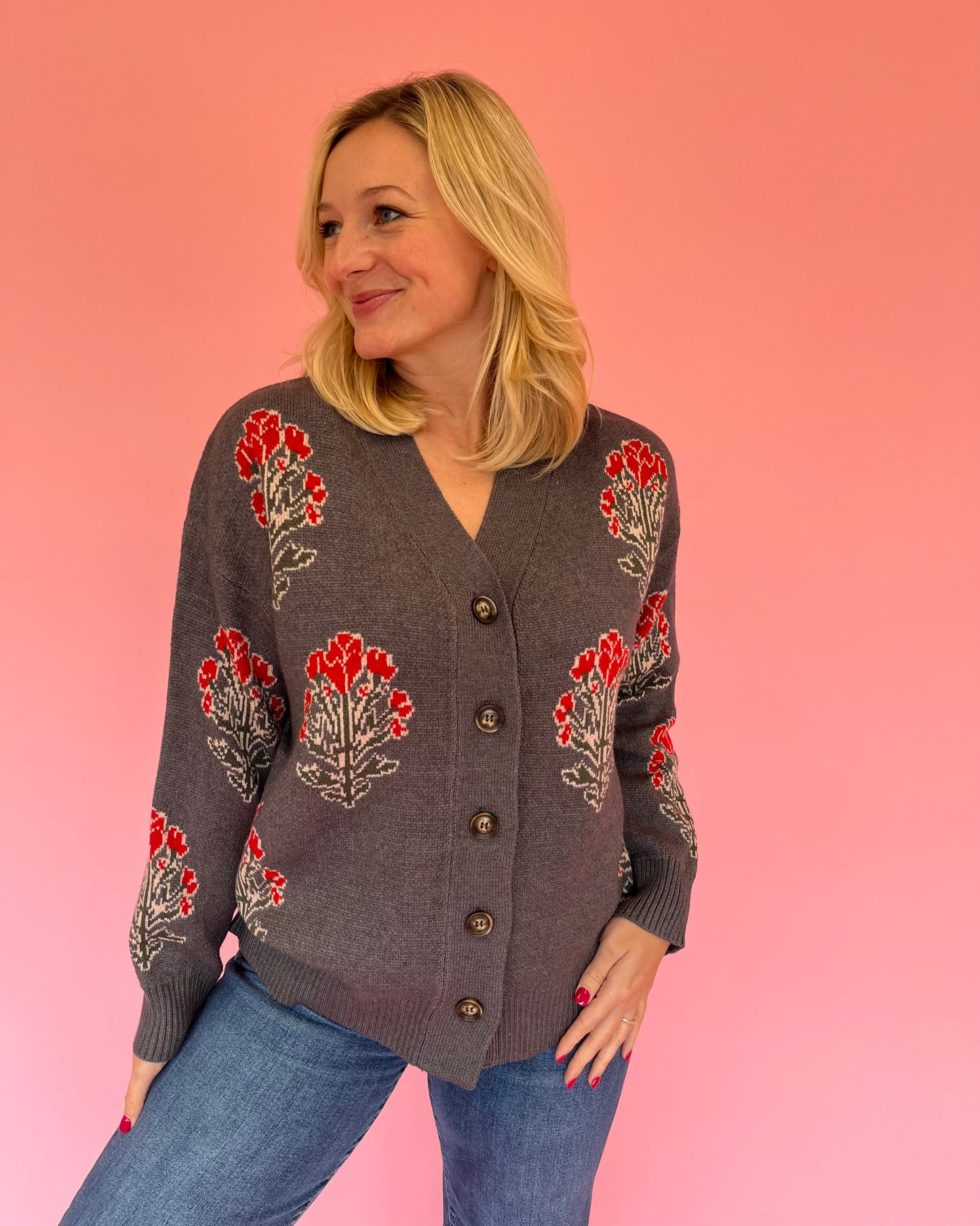 Lori Charcoal Block Print Cardigan