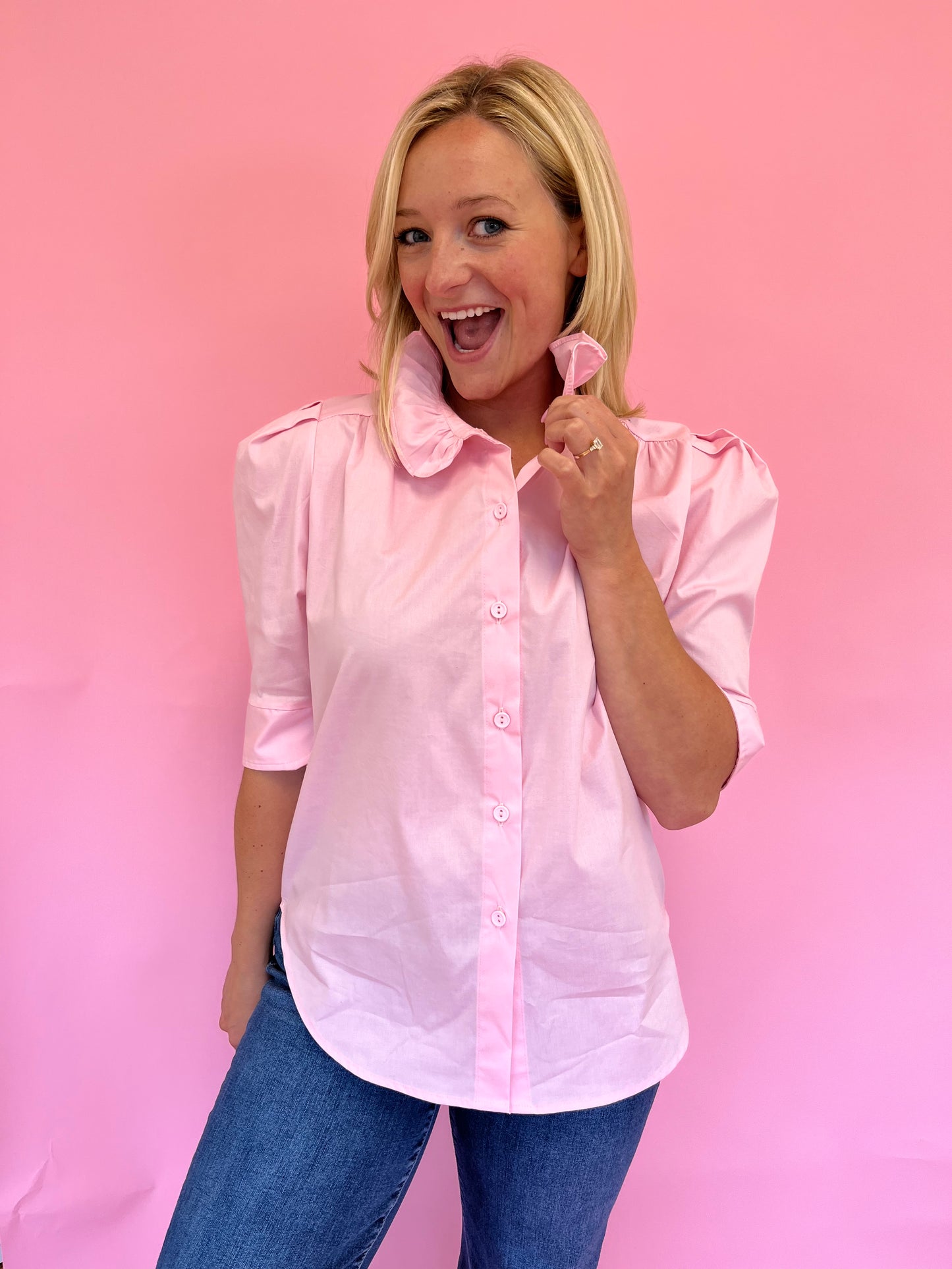 Jodie Pink Ruffle Collar Top