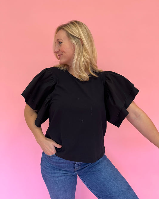 Iris Black Ruffle Sleeve Top