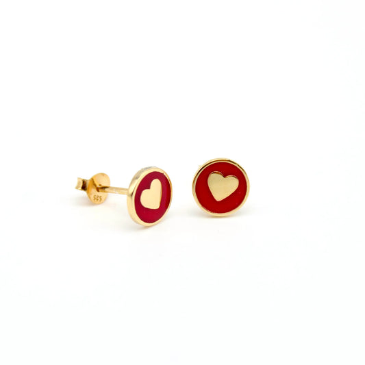 Enamel Stud Heart Earrings - Red