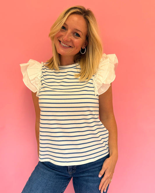 Marie Blue Stripe Flutter Sleeve Top
