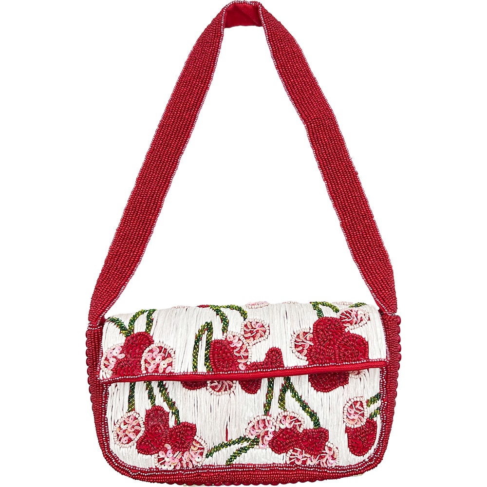 Cherry Raffia and Beaded Shoulder Bag