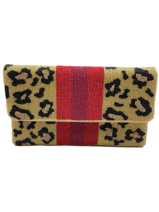 Animal Print with Stripe Beaded Clutch