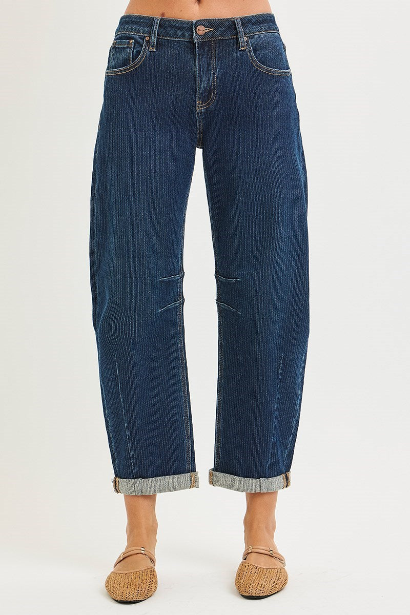 Anna Dark Textured Barrel Jeans