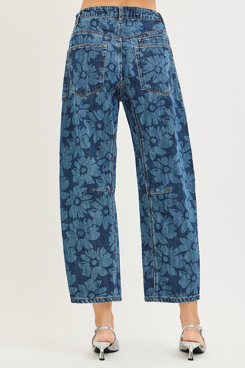 Shelby Dark Floral Print Barrel Jeans