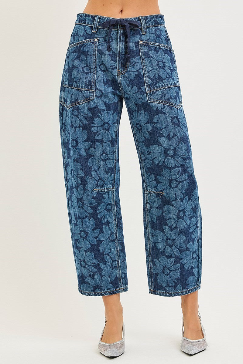 Shelby Dark Floral Print Barrel Jeans
