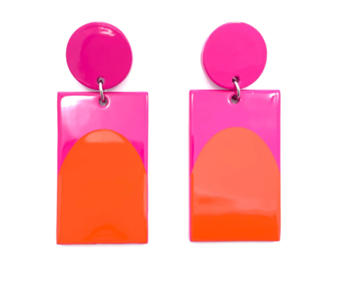 Arch Color Block Earrings - Orange and Pink