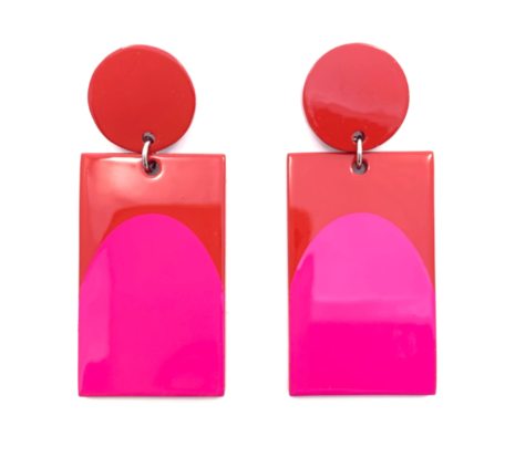 Arch Color Block Earrings - Hot Pink and Red