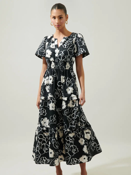 Farrah Black Floral Tiered Maxi Dress