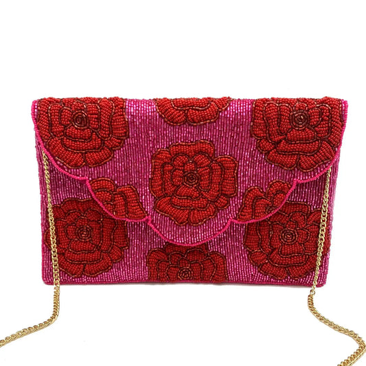 Fuchsia Rose Beaded Clutch