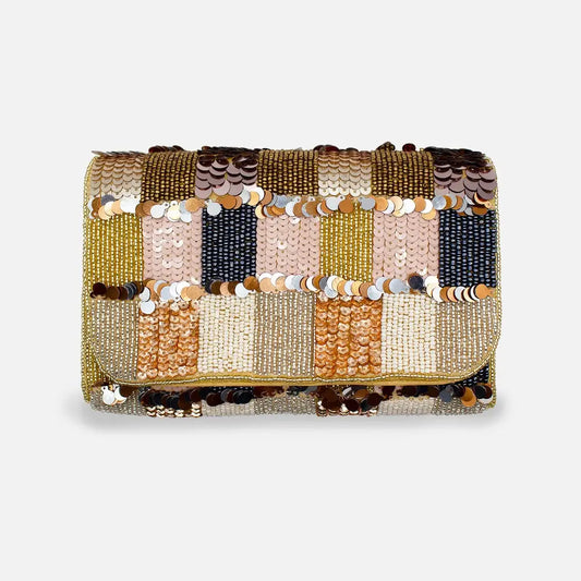 Naturals Check Sequin Beaded Clutch