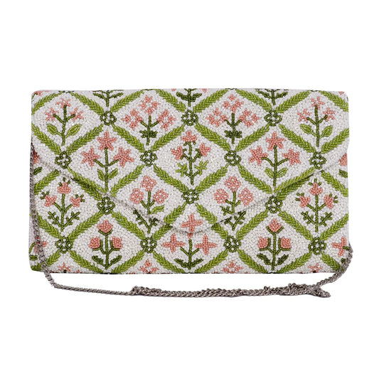 Cami Peach Block Print Beaded Clutch