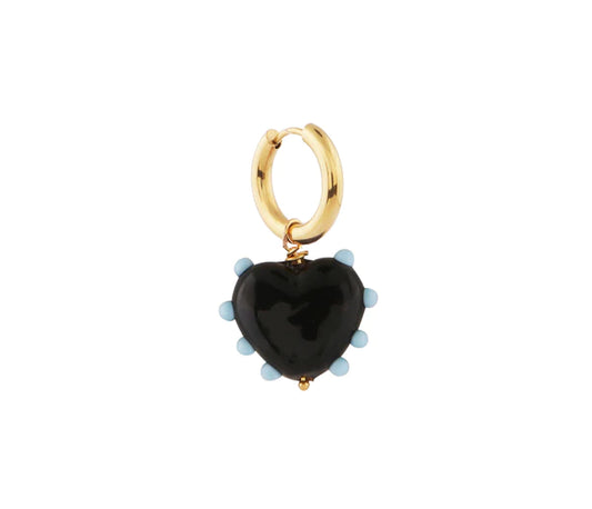 Black Heart Glass Earring with Blue Dots