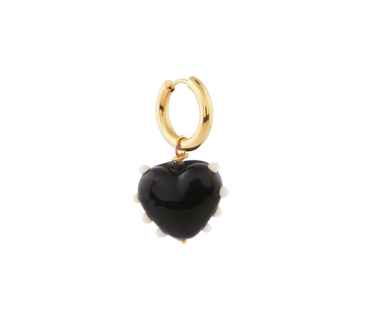 Black Heart Glass Earring White Dot