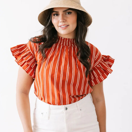 Jennifer Rust Stripe Flutter Sleeve Top