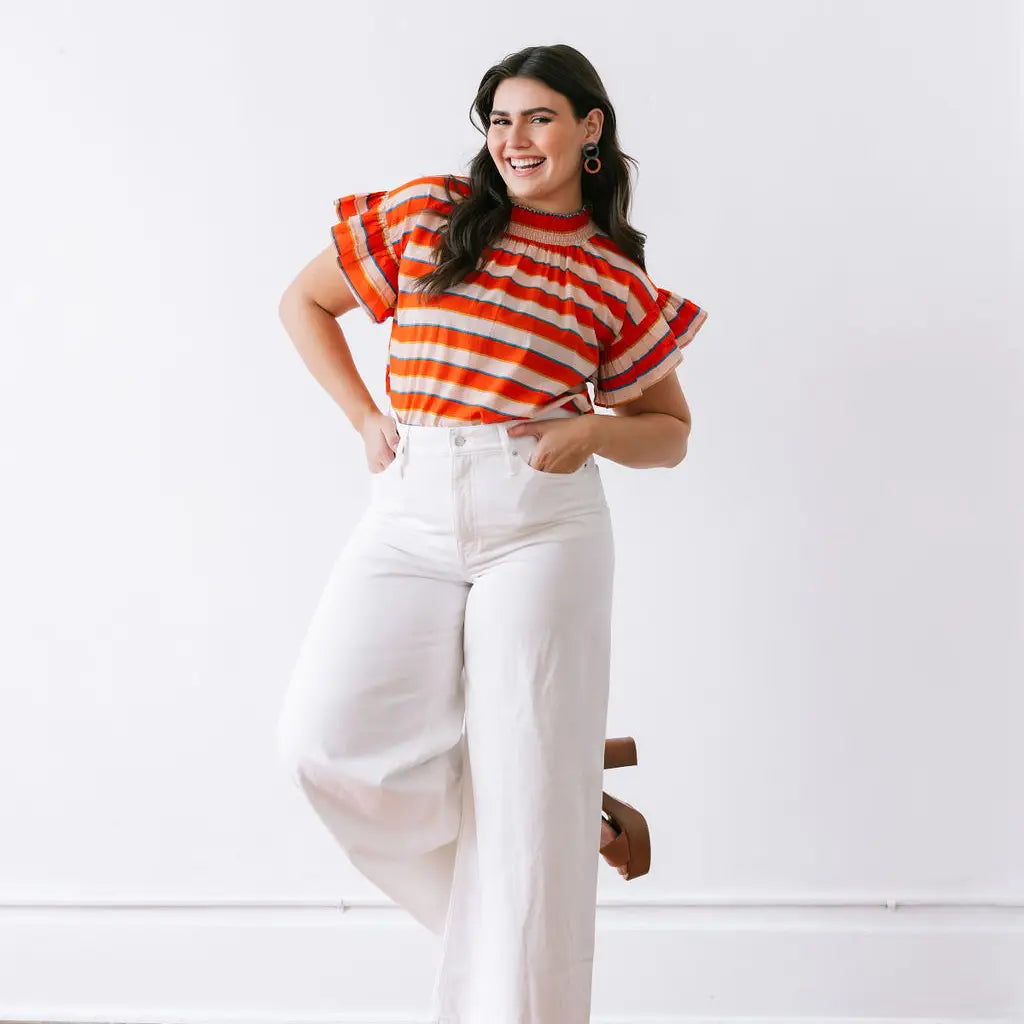 Jennifer Orange Stripe Flutter Sleeve Top