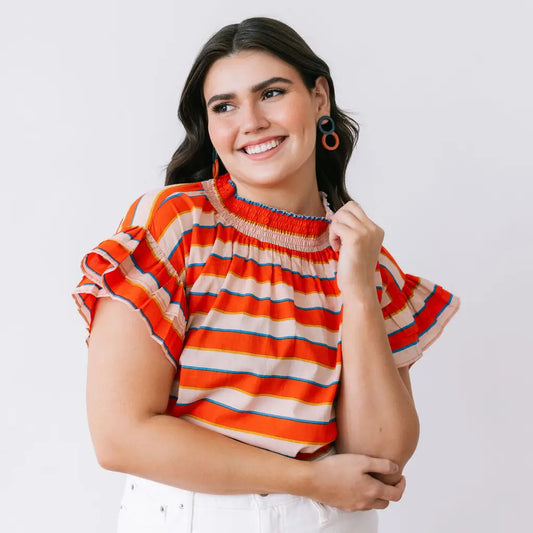 Jennifer Orange Stripe Flutter Sleeve Top