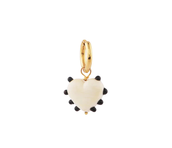 Ivory Glass Heart Earring with Black Dots