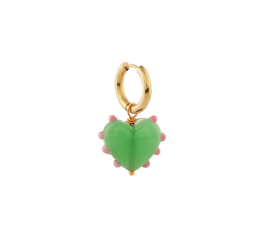 Jade Glass Heart Earrings with Pink Dots