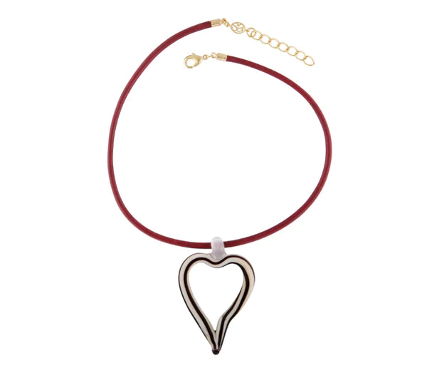 Black and White Stripe Open Glass Heart on Burgundy Cord Necklace