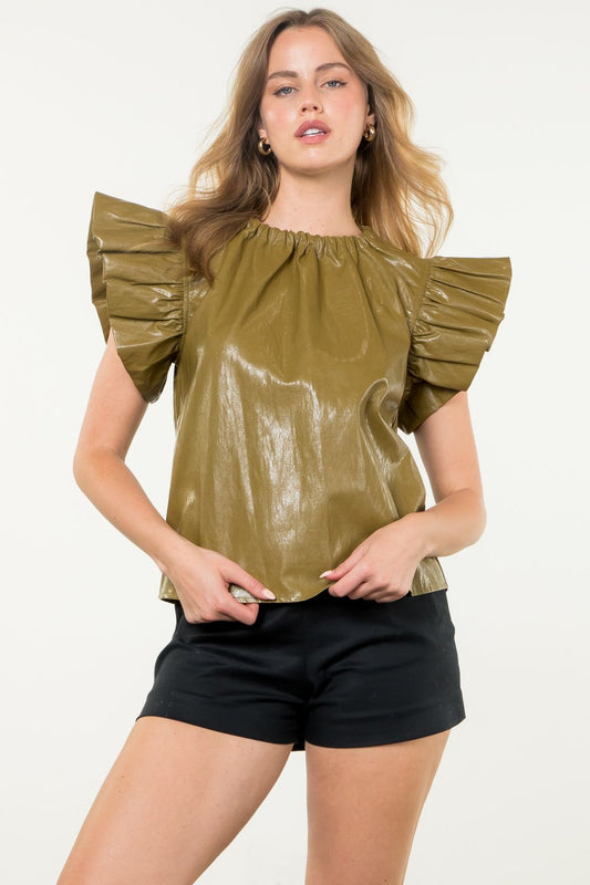 Forest Faux Leather Flutter Sleeve Top